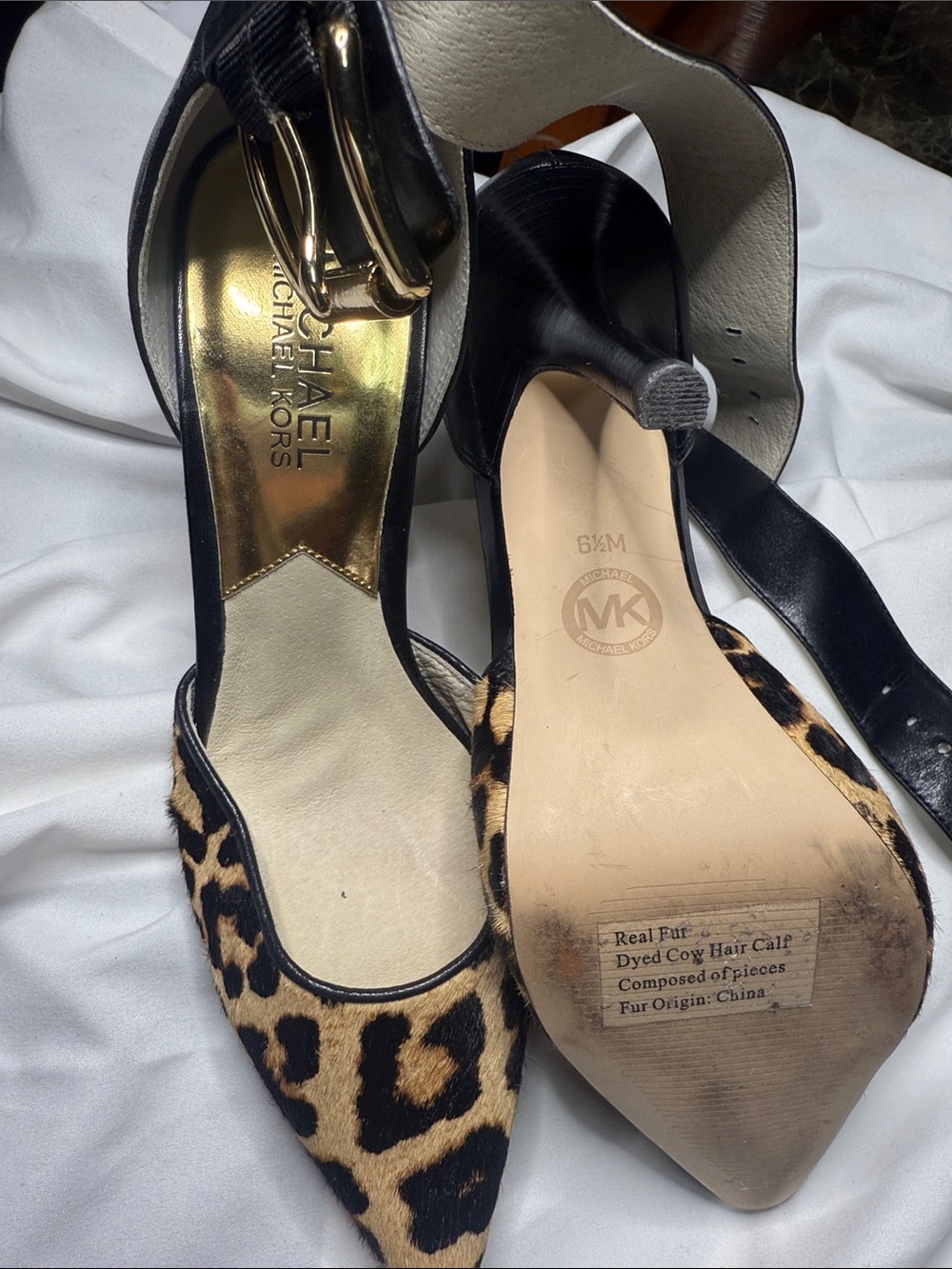 Michael Kors Leopard Print Pointed Toe Ankle Strap Heels - Black/Leopard